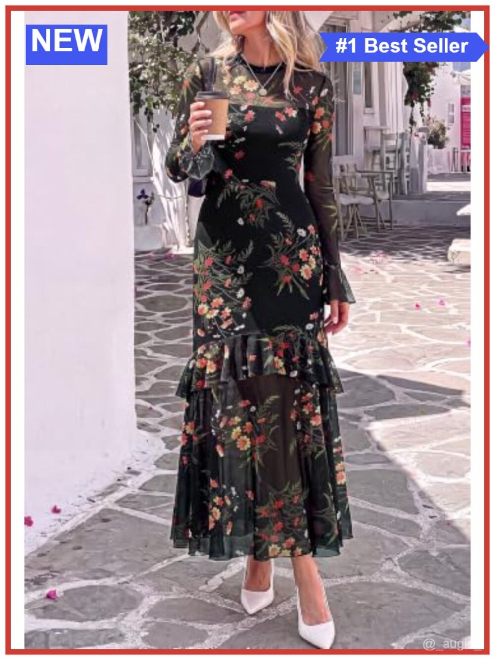 Elegant Long Sleeve Floral Maxi Dress Crew Neck A-Line Semi-Formal - Picture 5 of 6